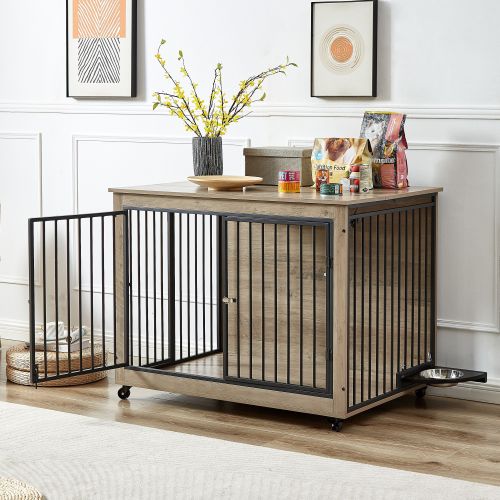 Furniture Style Dog Crate Side Table With Rotatable Feeding Bowl, Wheels, Three Doors, Flip-Up Top Opening. Indoor, Grey, 43.7"W x 30"D x 33.7"H Furniture Style Dog Crate Side Table With Rotatable Feeding Bowl, Wheels, Three Doors, Flip-Up Top Opening. Indoor, Grey, 43.7"W x 30"D x 33.7"H
